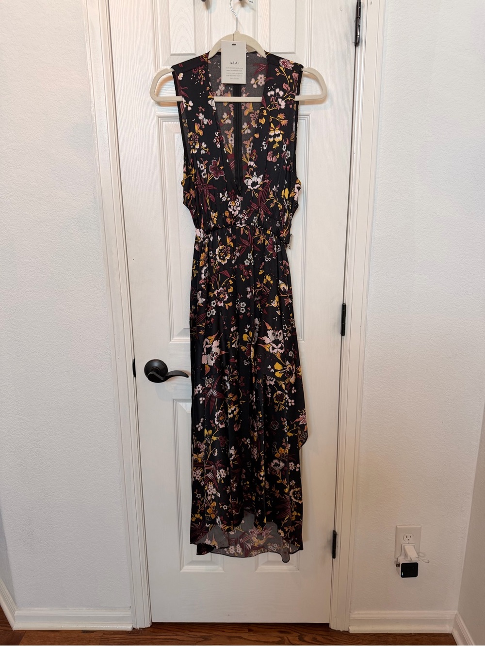 A.L.C. Black Floral V-Neck Sleeveless Midi Dress